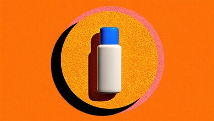 A white plastic bottle with a blue cap sits centered on an orange textured surface, surrounded by a concentric circle of muted orange and pink