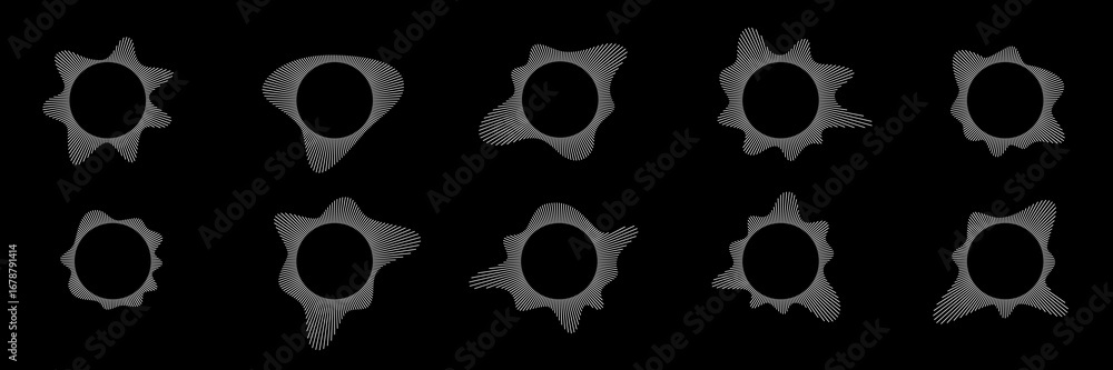 Poster circular sound waves set. music waveforms. white radial audio waves isolated on black. round equaliz