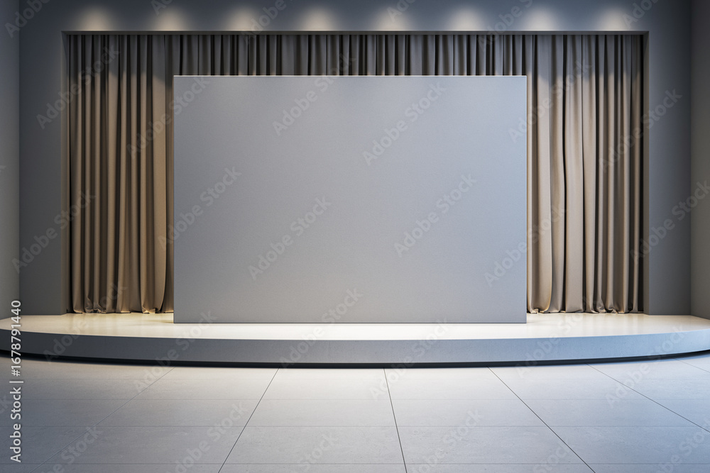 Poster modern minimalist stage with blank panel and curtains in soft lighting for branding or presentation 