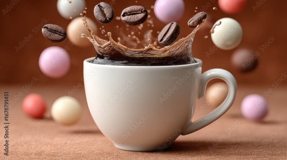Poster coffee cup splashing with rich dark liquid, surrounded by floating coffee beans and colorful confect