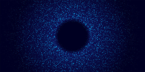 Abstract glowing dotted circular background. Blue particle ring made of small light dots on dark backdrop. Futuristic, cosmic, digital, tech design. Vector illustration.