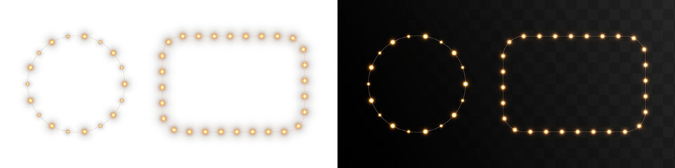 Collection of Luminous and light Gold LED garlands on two backgrounds. Festive decorative design for Christmas, New Year, and holiday themes. Vector illustration of LED garlands. Web Banners design.