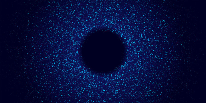 Abstract glowing dotted circular background. Blue particle ring made of small light dots on dark backdrop. Futuristic, cosmic, digital, tech design. Vector illustration.