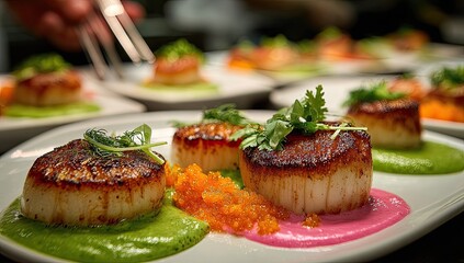 Seared scallops on plates, gourmet meal