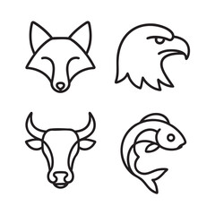 Clean black and white line icons showing a fox head, eagle head, bull head, and fish 