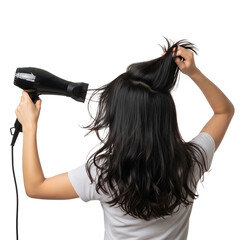 Fototapeta premium woman blow drying her hair on Isolated transparent background png. generated with AI