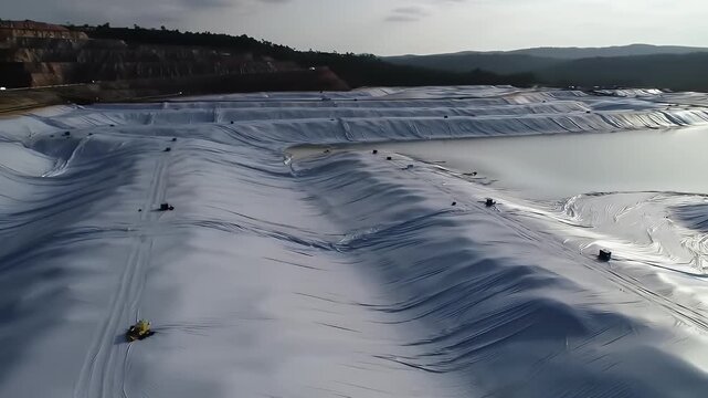 High Angle View of Heap Leach Pad Liner Inspection Area Featuring White Protective Liners and Undulating Terrain Perfect for Industrial and Environmental Themes Under Bright Cloudy Sky