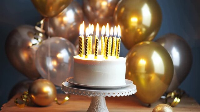 Birthday celebration with festive balloons and a lit cake, perfect for party invitations