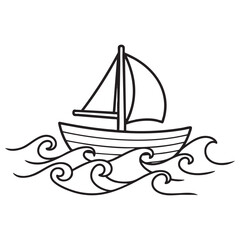 Simple Sailboat on Ocean Waves Coloring Page Line Art