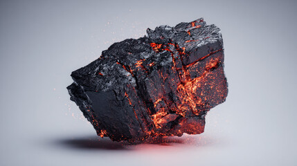 Close-up jagged black meteorite with glowing molten cracks and spark trail flying through space on transparent background