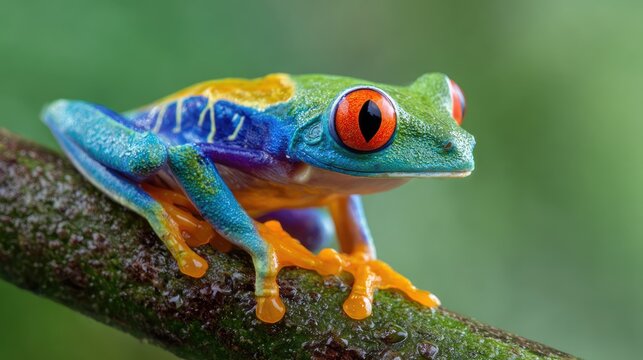 A vibrant red-eyed tree frog perched gracefully on a branch, showcasing its stunning colors and textures. The captivating amphibian captures the eye