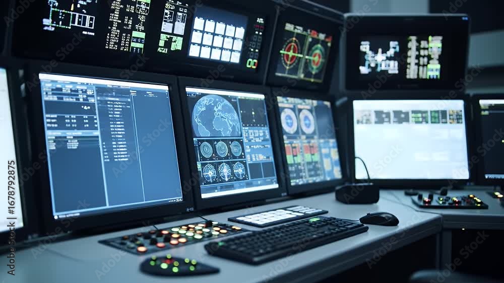 Poster high angle view of satellite swarm communication center featuring multiple monitors displaying techn