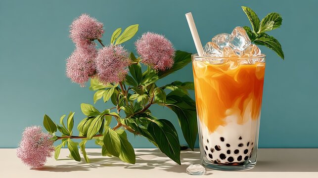 Refreshing bubble tea beverage with layers of creamy milk and vibrant orange tea, garnished with fresh mint leaves, served in a clear glass with ice, surrounded by beautiful pink flowers and green fol
