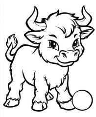Coloring for children and adults, coloring of the animal world, bull with ball.