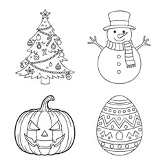 Seasonal outline set – Christmas tree, snowman, pumpkin, Easter egg.