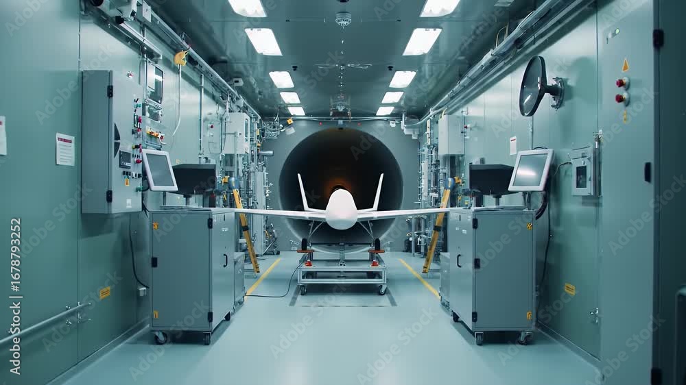Poster high angle view of white aircraft model in modern gray transonic testing tunnel demonstrating aerosp