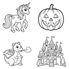 Cute outline set – unicorn, pumpkin, dragon, and fairytale castle