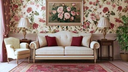 A luxurious living room is depicted with a large, ornate sofa centered in the frame. The sofa is upholstered in a light beige fabric and features rolled arms and a tufted back. 