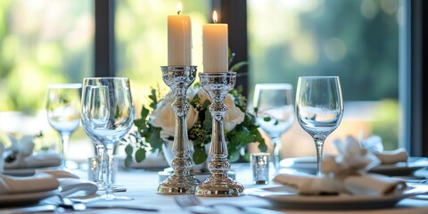 A beautifully set table for a formal dinner or wedding reception. Two silver candle holders hold lit white candles, casting a warm glow on the table. The table is covered with a dark tablecloth 