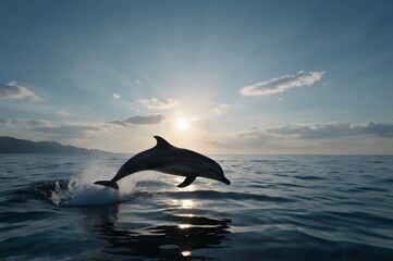 Fototapeta premium Dolphin Jumping Out of Ocean Water During Sunset with Sunny Sky and Mountains in Background