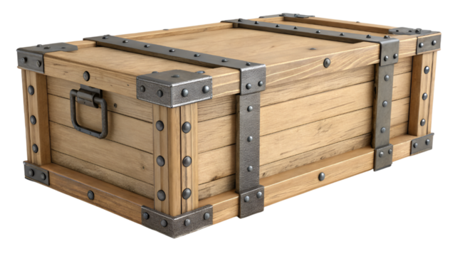 wooden crate box with metal reinforcement  isolated on transparent background - Powered by Adobe