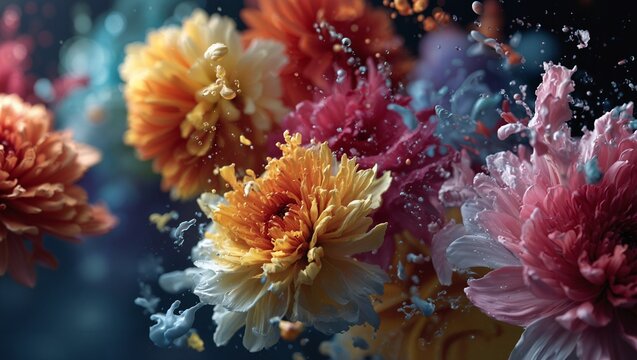 Colorful chrysanthemum flowers underwater with bubbles floating around soft petals vibrant hues depth of field flower close-up macro photography nature detail - Powered by Adobe