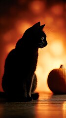 Black Cat Silhouette with Pumpkin on Autumn Evening