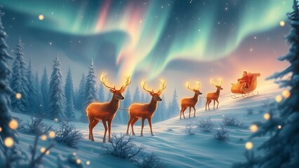 Magical Christmas Eve with Santa Claus and his Reindeer under the Aurora Borealis in a Snowy Forest