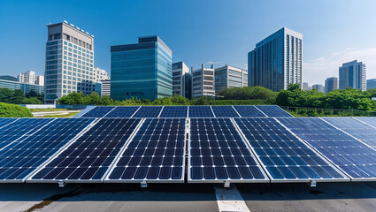 Fototapeta premium Solar panels in front of modern skyline representing renewable electricity and urban sustainability