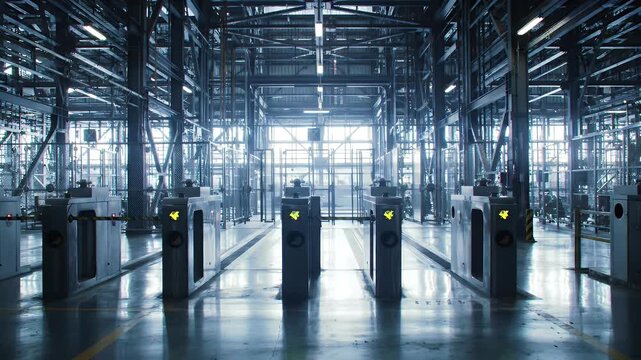 High Security Checkpoint Inside Diamond Mine Featuring Automated Turnstiles and Industrial Infrastructure Reflecting Strict Access Control and Safety Protocols in a Modern Facility