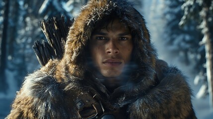 A young man, bundled in a thick fur-lined hood, stares intensely from a snowy winter landscape, carrying a quiver of arrows