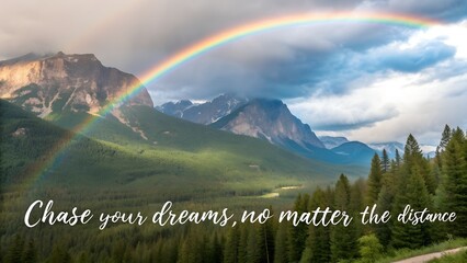 Inspirational quote on a scenic mountain landscape with a vibrant rainbow.