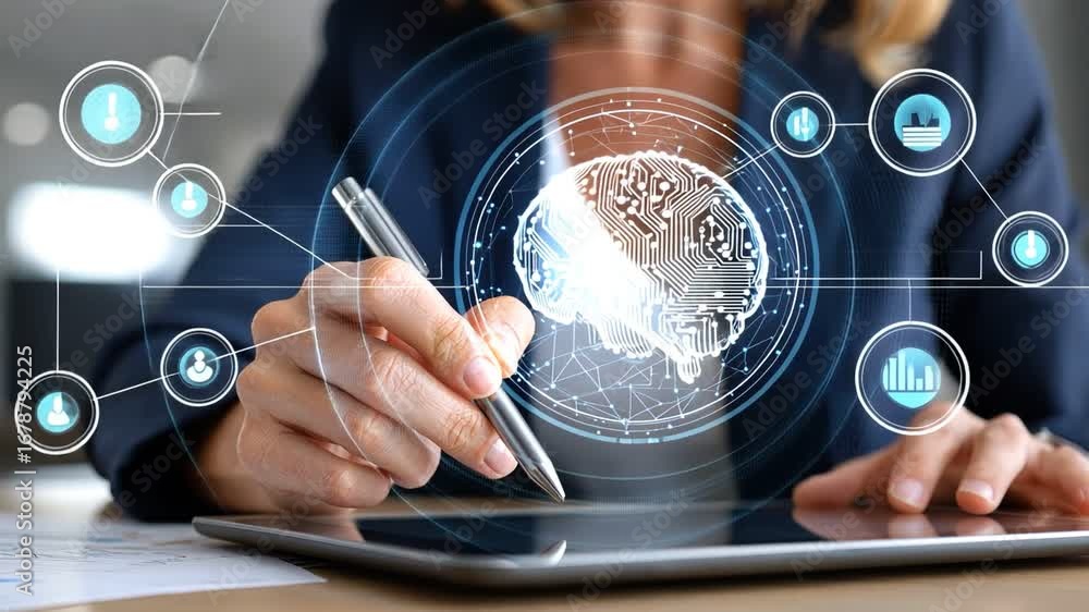 Poster A professional woman uses a tablet while sketching an imaginative representation of a brain, symbolizing innovation and technology in the modern workspace.