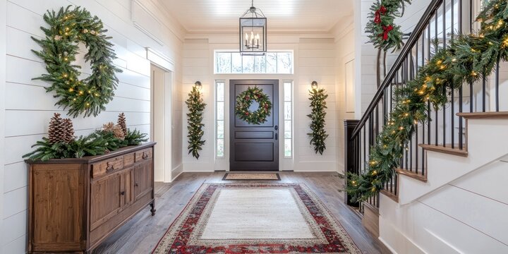A warmly lit entryway showcases a traditional Christmas decor. A dark wooden console table sits beneath a large, arched doorway with a dark brown door and a wreath. Two wreaths, adorned with greenery - Powered by Adobe