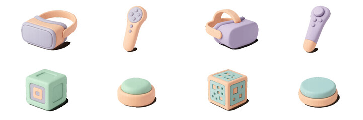 Virtual reality headset and game controller in pastel isometric view. Modern 3D Icon Set