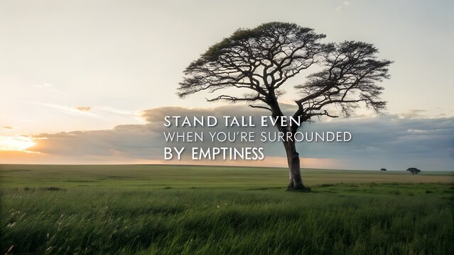 Inspirational Quote on a Serene Landscape with a Solitary Tree.