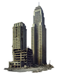 Fototapeta premium Ruined skyscrapers and debris on a background building destroyed isolated on a transparent background