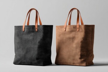 Two canvas tote bags, black and tan, with brown leather handles, displayed on a light gray background