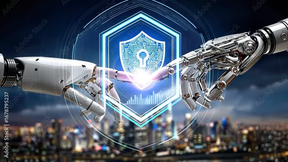 Aufkleber two robotic hands reaching towards each other, symbolizing connection and security in the digital ag