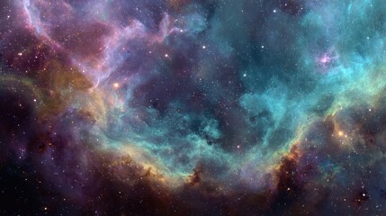 Obraz premium A vibrant, colorful view of space featuring cosmic clouds and twinkling stars. The nebula showcases an array of colors, including blue, purple, and orange.