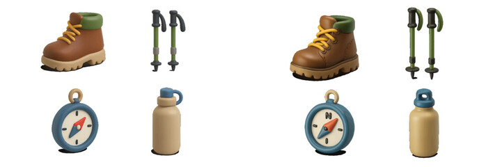 Outdoor Hiking Equipment Set: Boot, Poles, Compass, Water Bottle. Modern 3D Icon Set