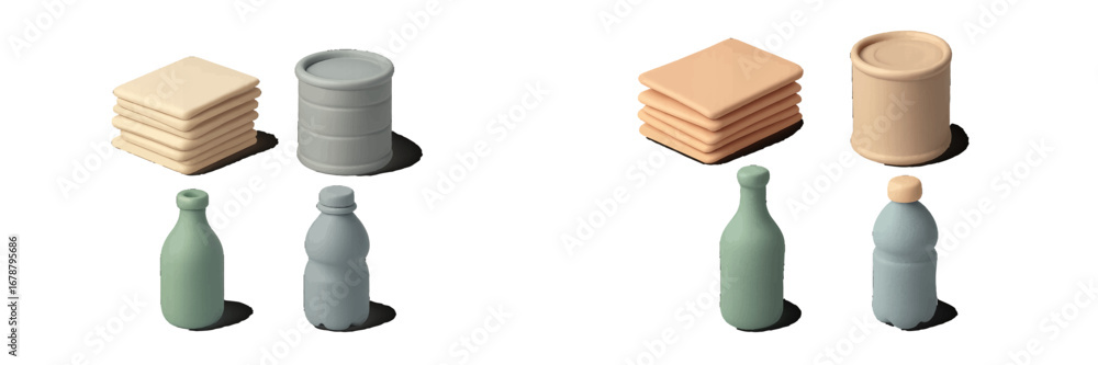 Poster isometric objects stacked squares barrels bottles soft shadows black background. modern 3d icon set