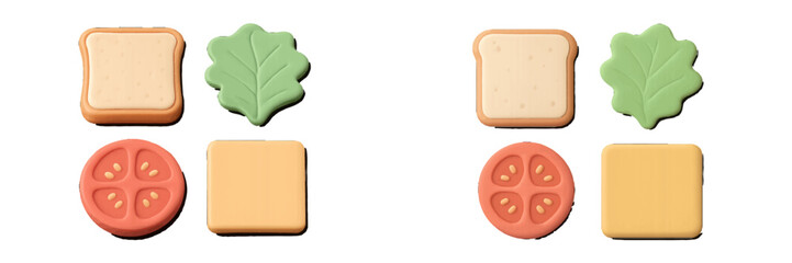 Sandwich ingredients: bread, lettuce, tomato, cheese. Modern 3D Icon Set