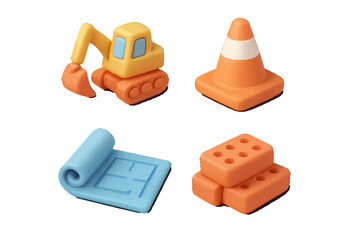 Obraz premium Construction icons: excavator, traffic cone, blueprint, bricks. Modern 3D Icon Set