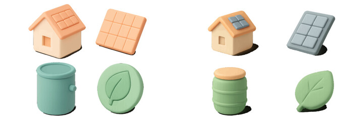 Sustainable home with solar panels and recycling bin. Modern 3D Icon Set