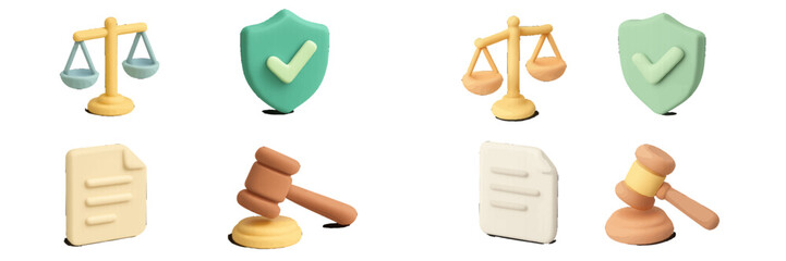 Fototapeta premium Legal Symbols: Scales, Gavel, Shield, Document Icons. Modern 3D Icon Set