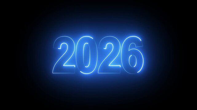 Happy New Year 2026 neon sign on a black background.2026 - Two thousand twenty-six.