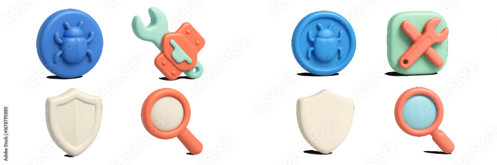 Poster security and bug icons with tools and magnifying glass. modern 3d icon set
