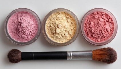 Three small, round containers of cosmetic powder in varying shades of pink and yellow, with a makeup brush placed horizontally beneath