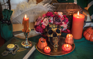 Decorative Skull Altar with Mexican Symbols. Halloween Altar